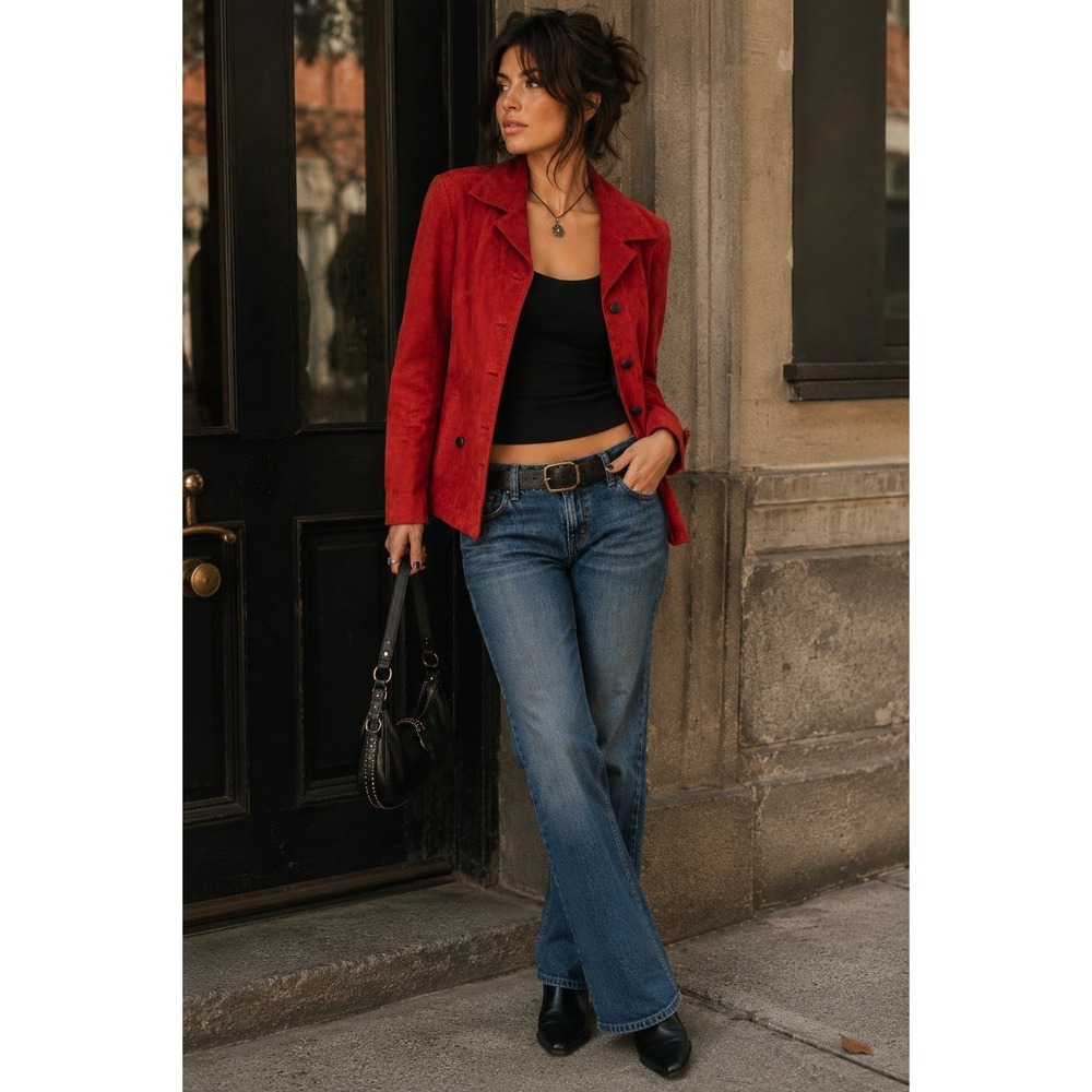 Y2K 100% Leather Red Jacket Women's Fitted Moto Western Blazer